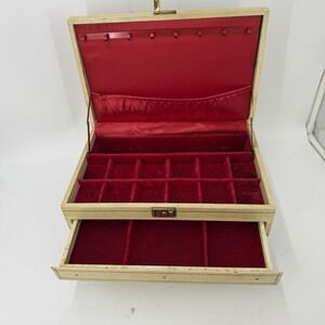 Vintage Mele Jewelry Box 1 Drawer Red Velvet and satin-Faux cream leather w/gold